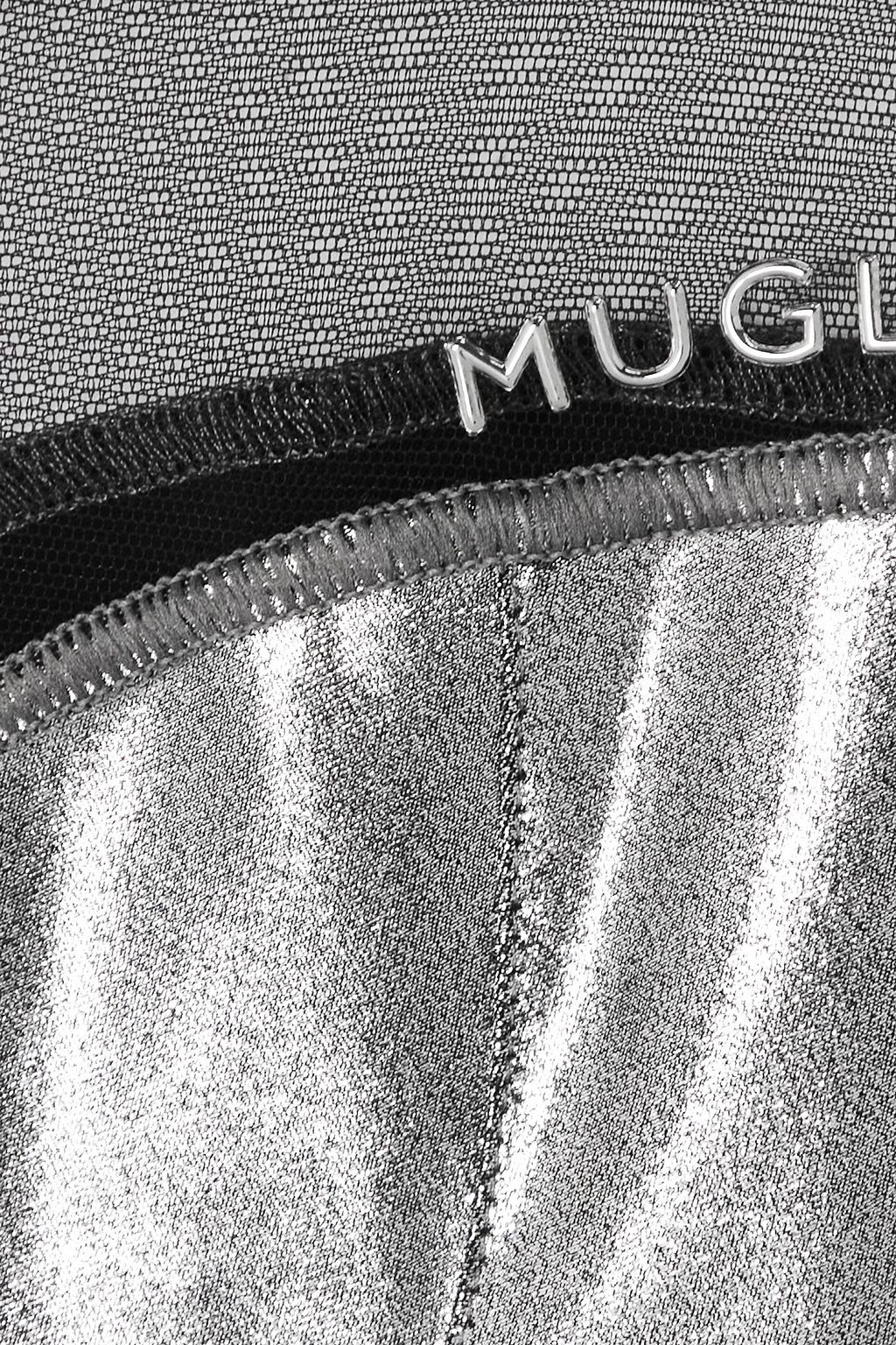 MUGLER ليغينغز بفتحة عند الكعب من التول والجيرسي المطاط بلمعة معدنية