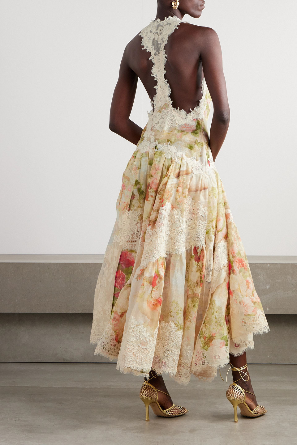 ZIMMERMANN ASYMMETRIC LACE-TRIMMED FLORAL-PRINT LINEN AND SILK-BLEND MAXI DRESS