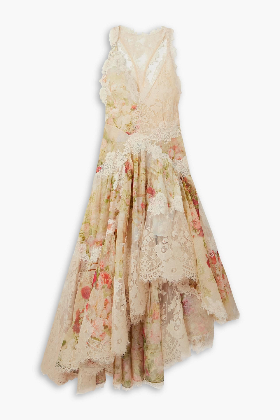 Zimmermann Asymmetric Lace-trimmed Floral-print Linen And Silk-blend Maxi Dress In Pastel Orange
