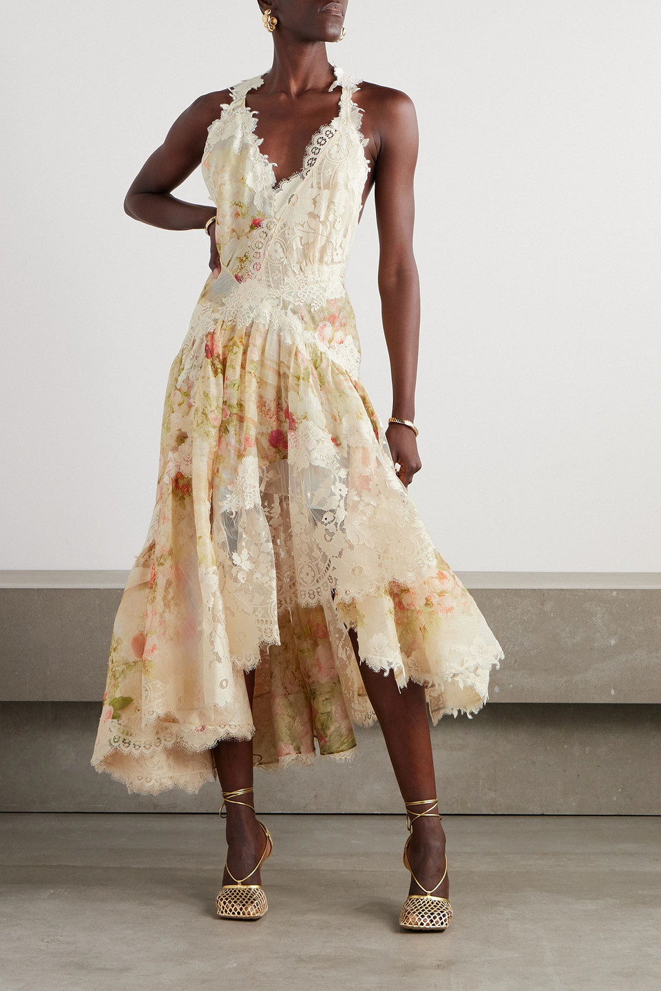 ZIMMERMANN ASYMMETRIC LACE-TRIMMED FLORAL-PRINT LINEN AND SILK-BLEND MAXI DRESS