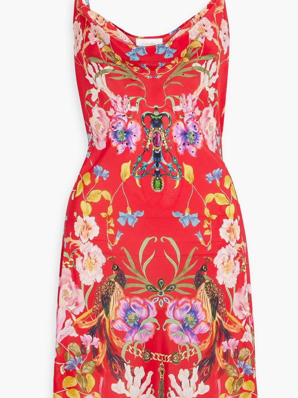 crystal-embellished printed silk-crepe mini dress