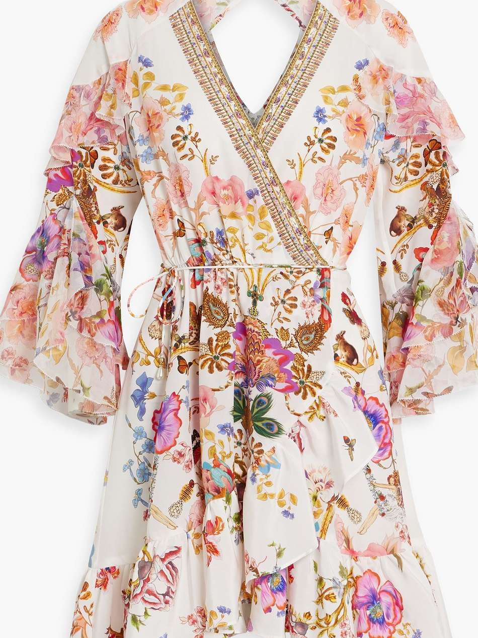 cutout crystal-embellished silk crepe de chine mini wrap dress
