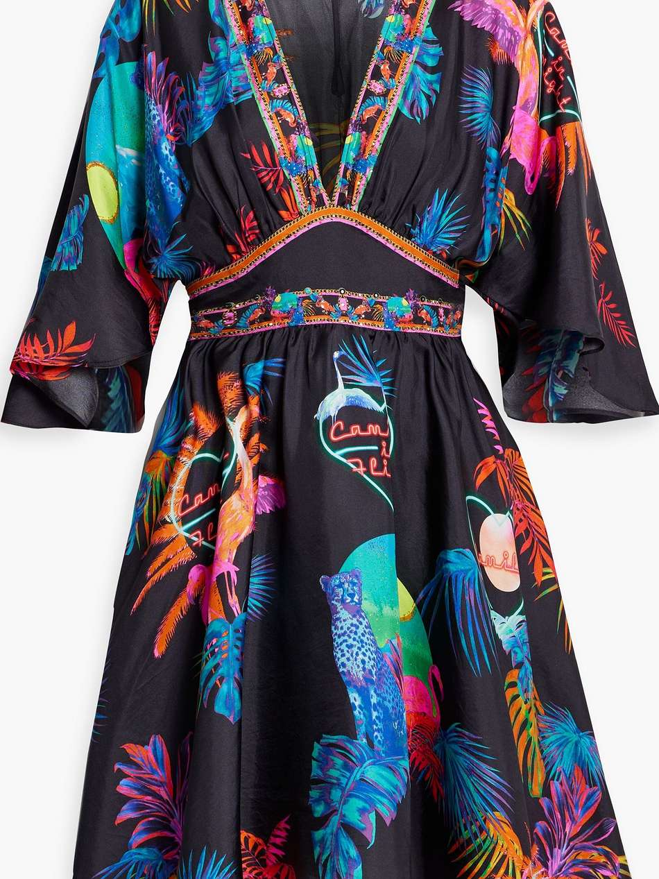 crystal-embellished printed silk-satin mini dress