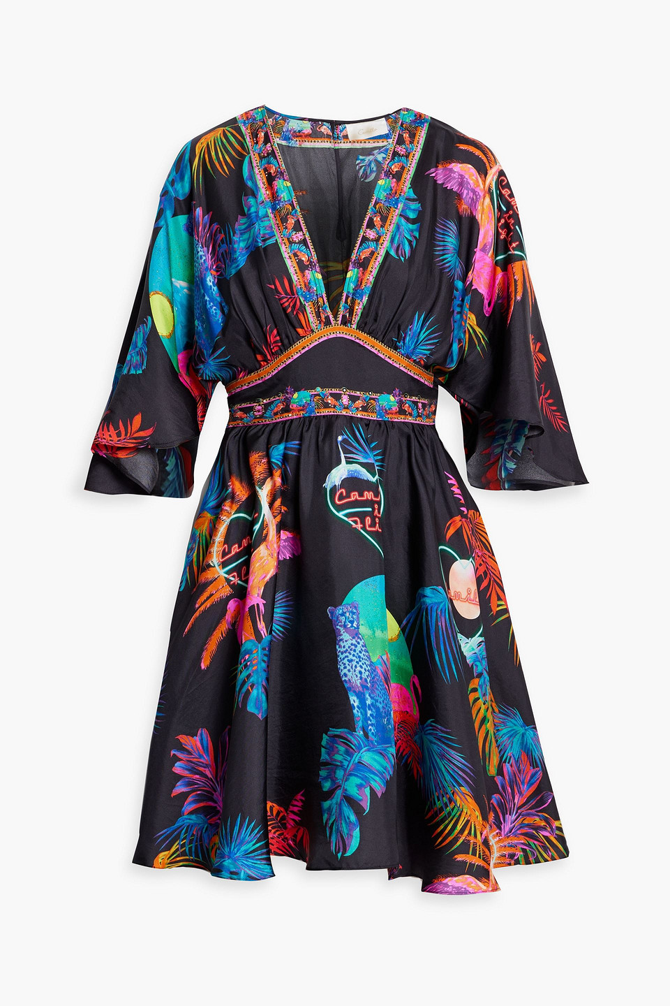 Camilla Crystal-embellished Printed Silk-satin Mini Dress In Black