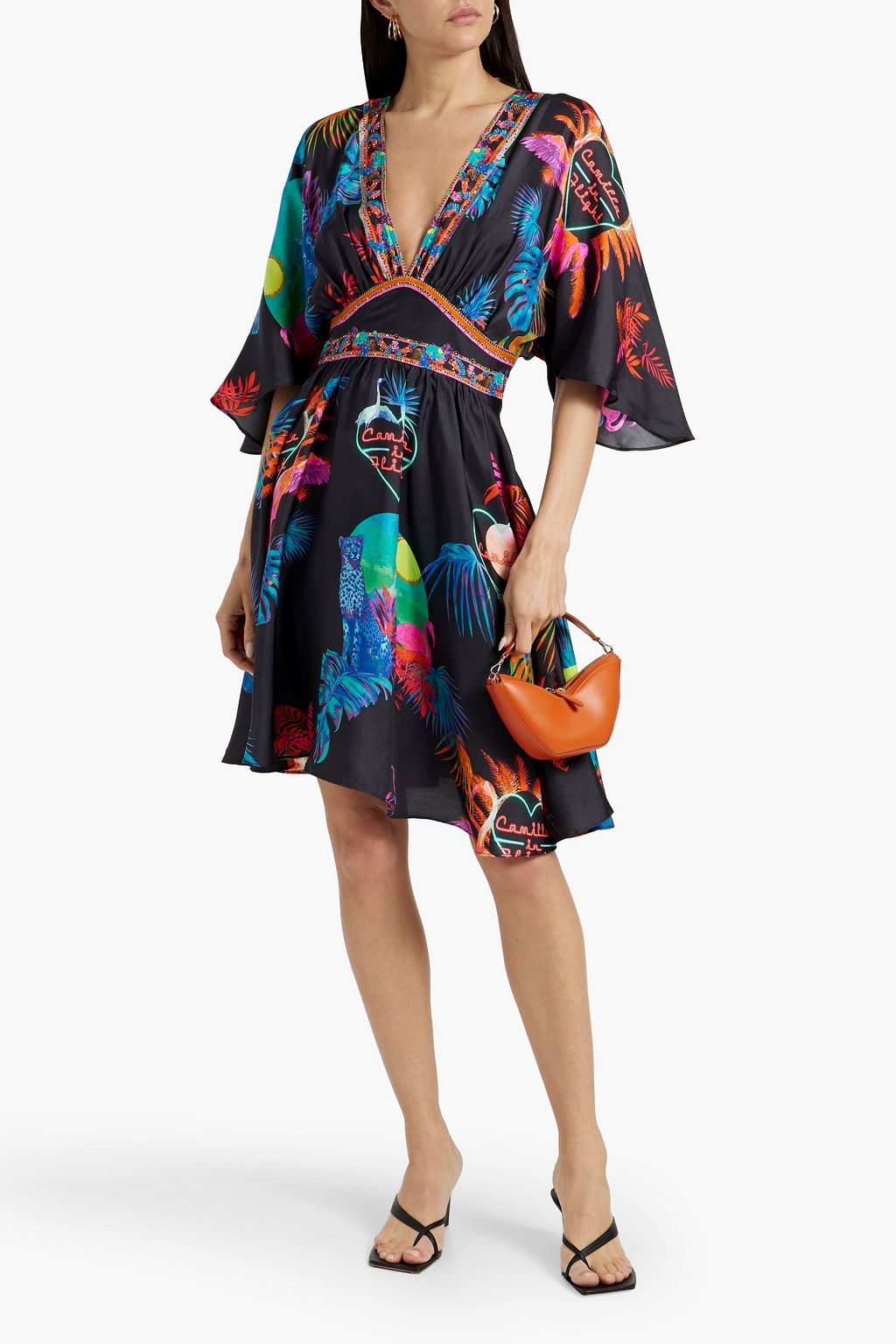 CAMILLA Crystal-embellished printed silk-satin mini dress