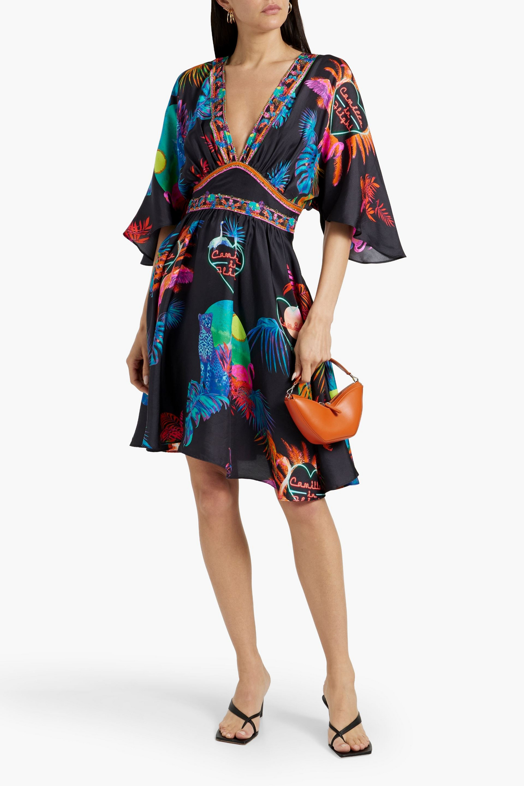 Camilla Crystal-embellished printed silk-satin mini dress