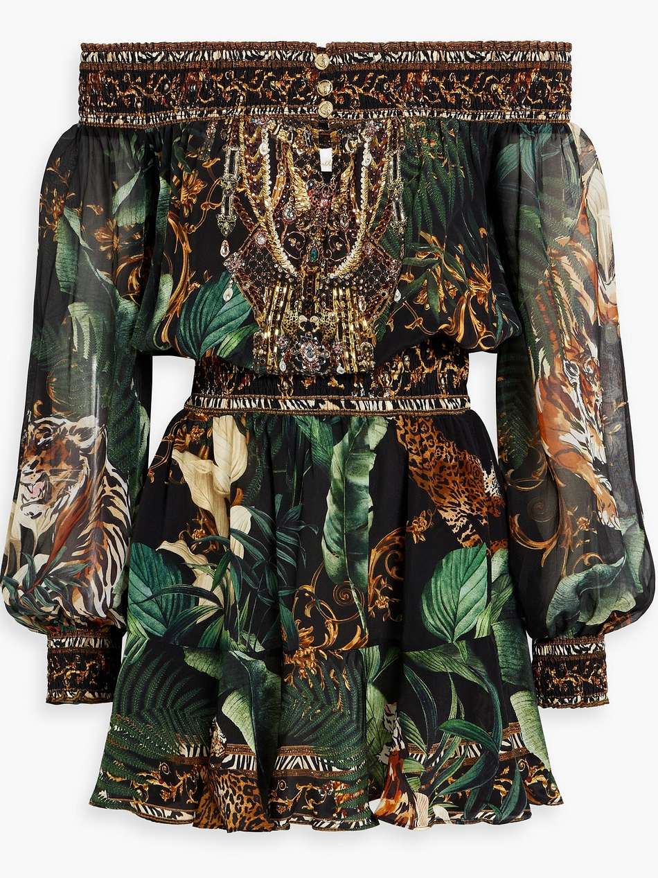 off-the-shoulder crystal-embellished printed silk crepe de chine mini dress