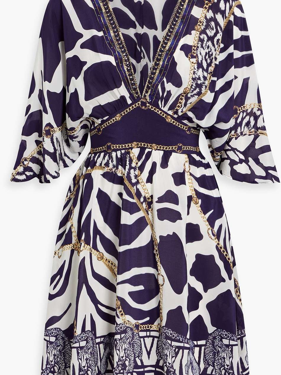 crystal-embellished printed silk-crepe mini dress