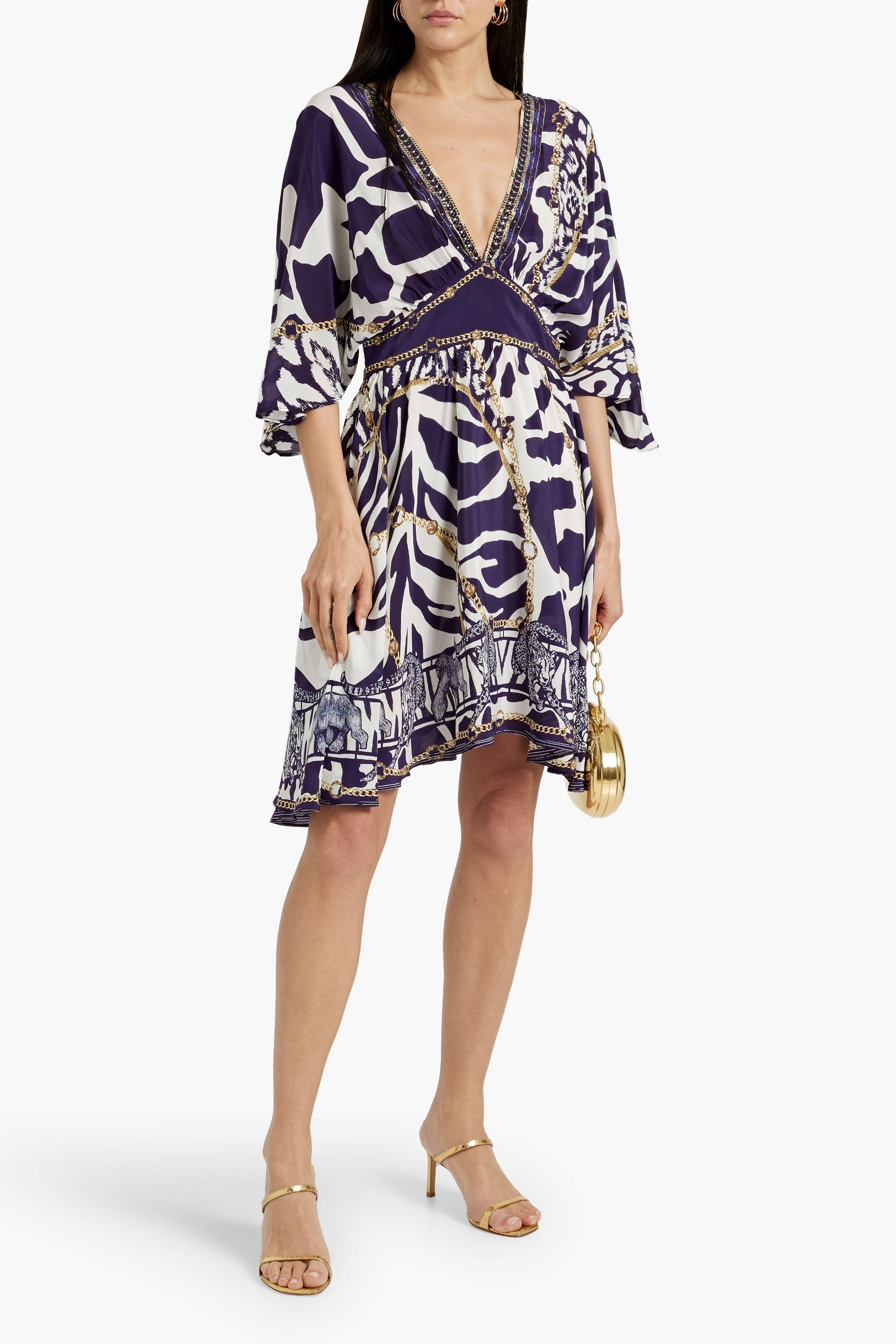 Camilla Crystal-embellished printed silk-crepe mini dress
