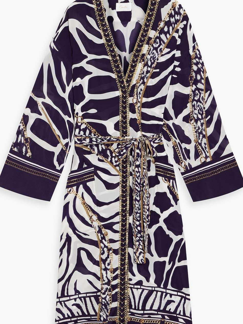 belted crystal-embellished printed silk crepe de chine coverup