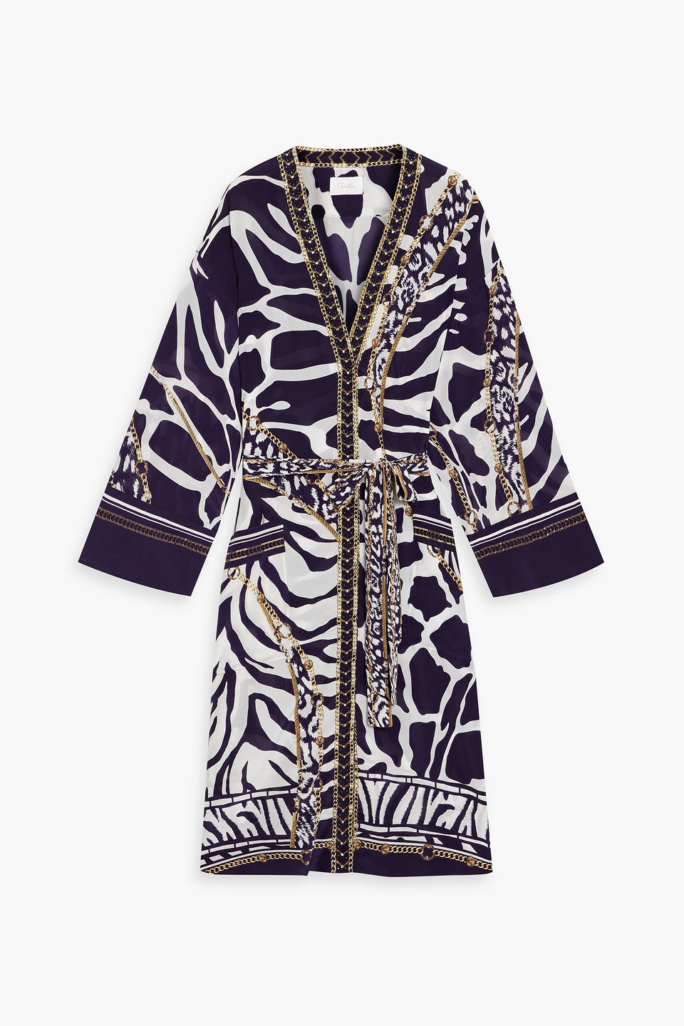Camilla Belted Crystal-embellished Printed Silk Crepe De Chine Coverup In Dark Purple