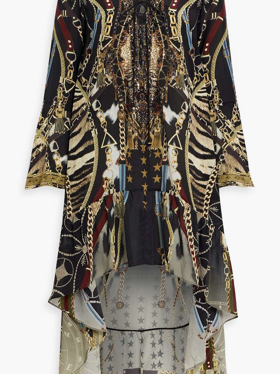 asymmetric crystal-embellished printed silk crepe de chine dress