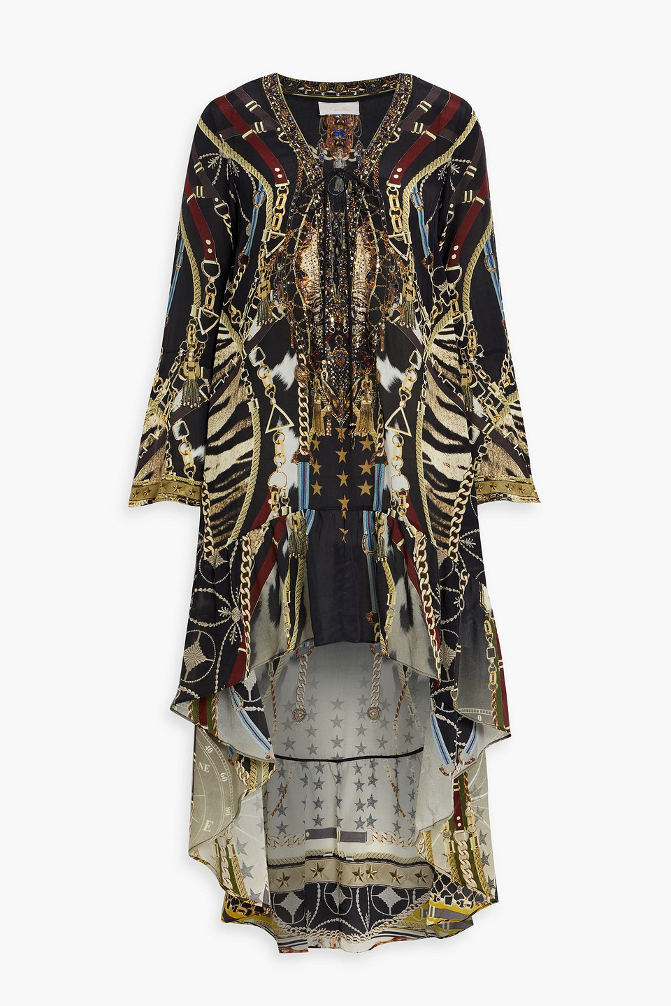 Camilla Asymmetric Crystal-embellished Printed Silk Crepe De Chine Dress In Black