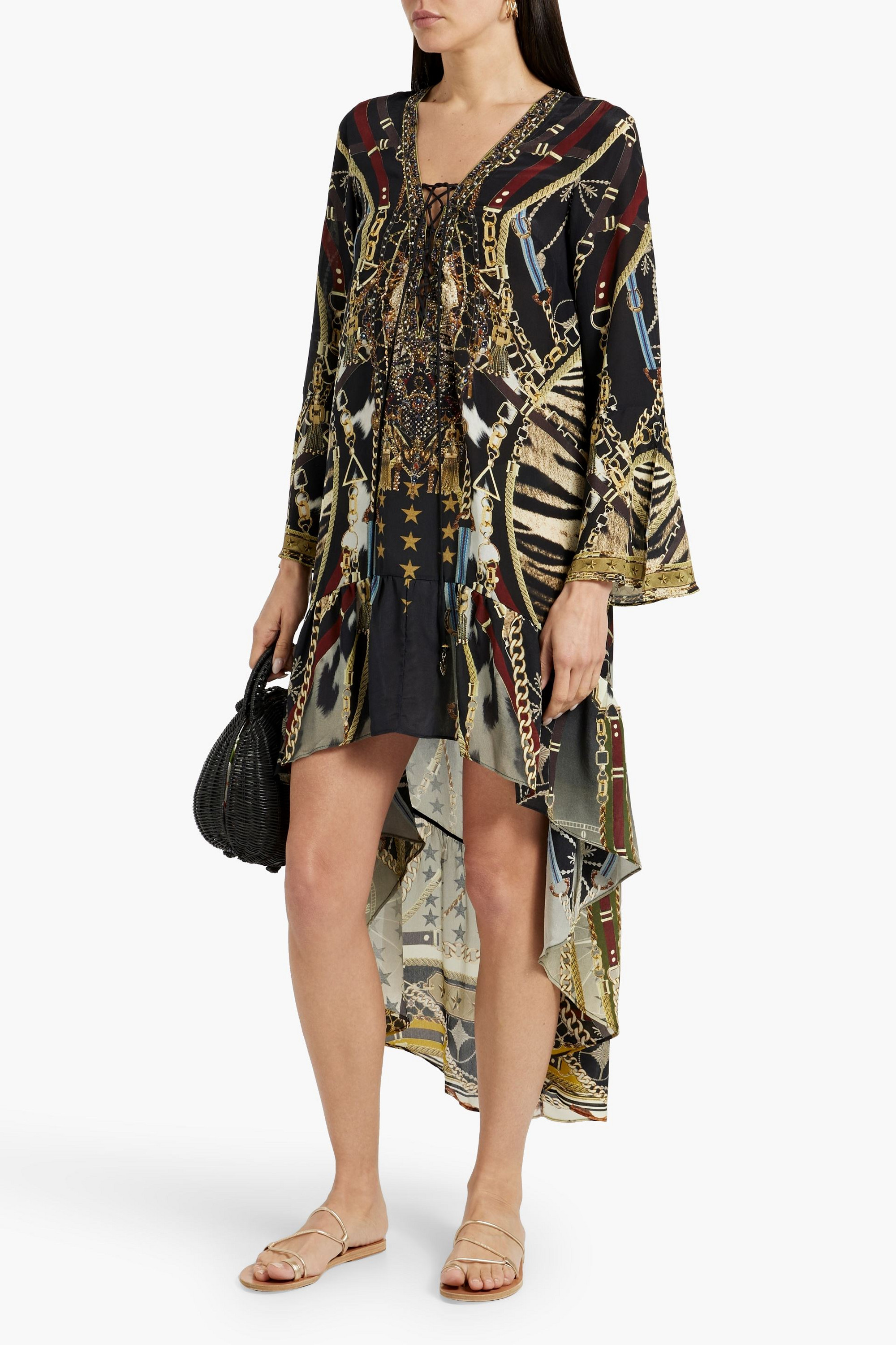 Camilla Asymmetric crystal-embellished printed silk crepe de chine dress