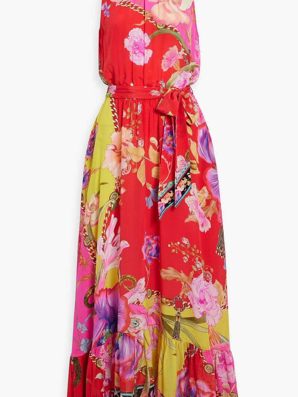 crystal-embellished belted silk-crepe maxi dress