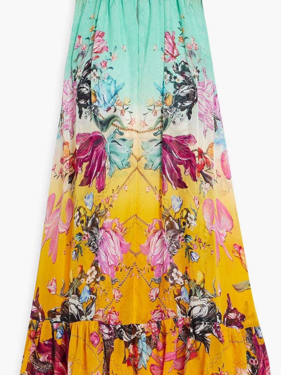 crystal-embellished ruffled printed silk crepe de chine mini dress