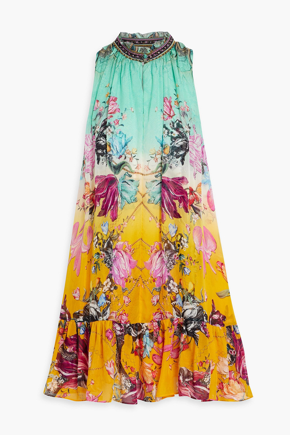 Camilla Crystal-embellished Ruffled Printed Silk Crepe De Chine Mini Dress In Jade