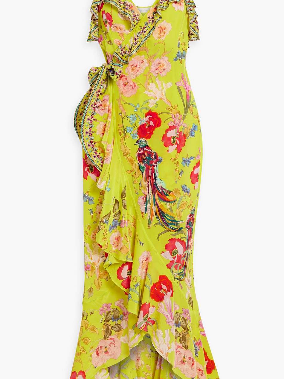 crystal-embellished ruffled printed silk crepe de chine maxi wrap dress