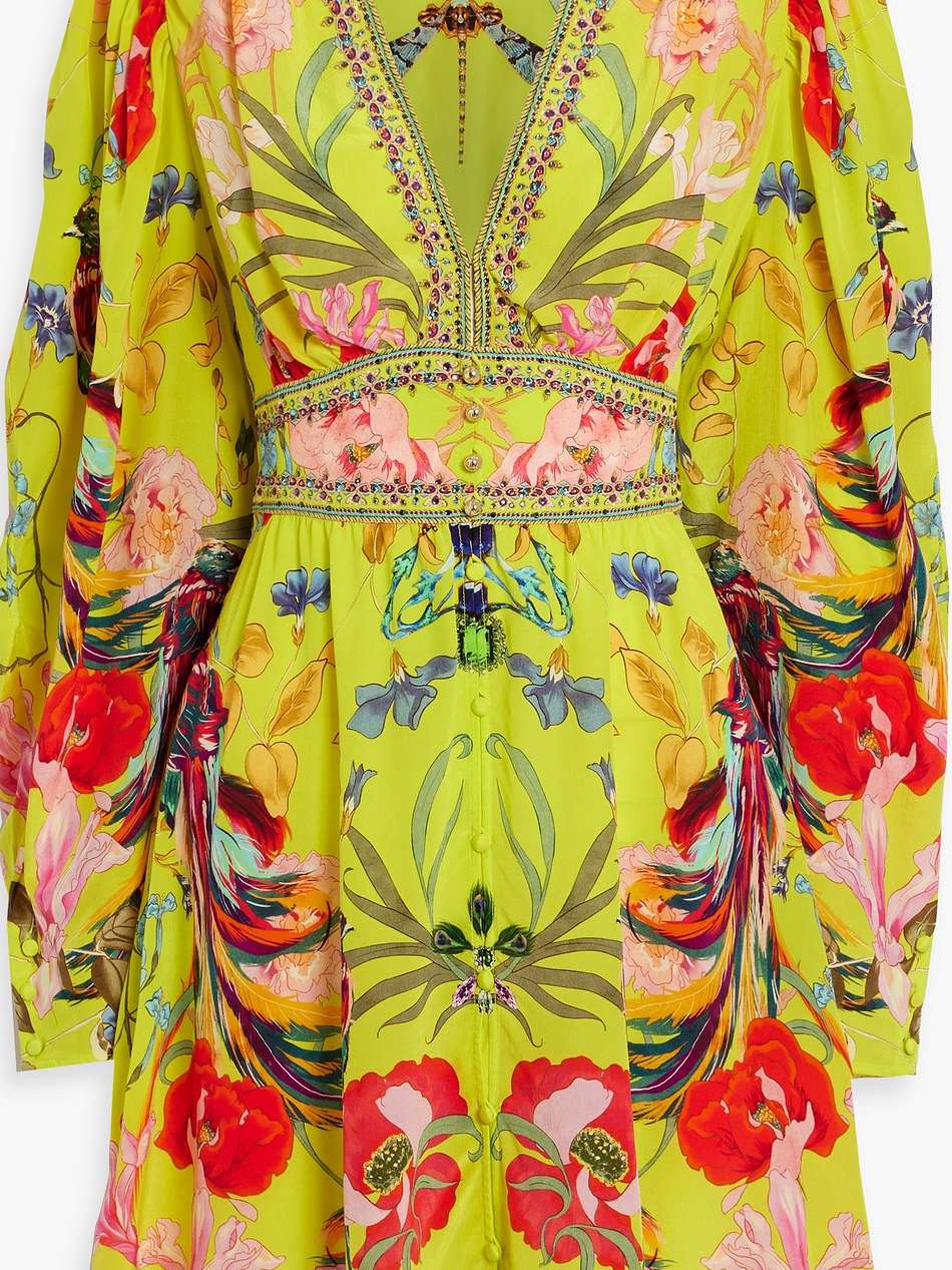 crystal-embellished printed silk-crepe mini dress
