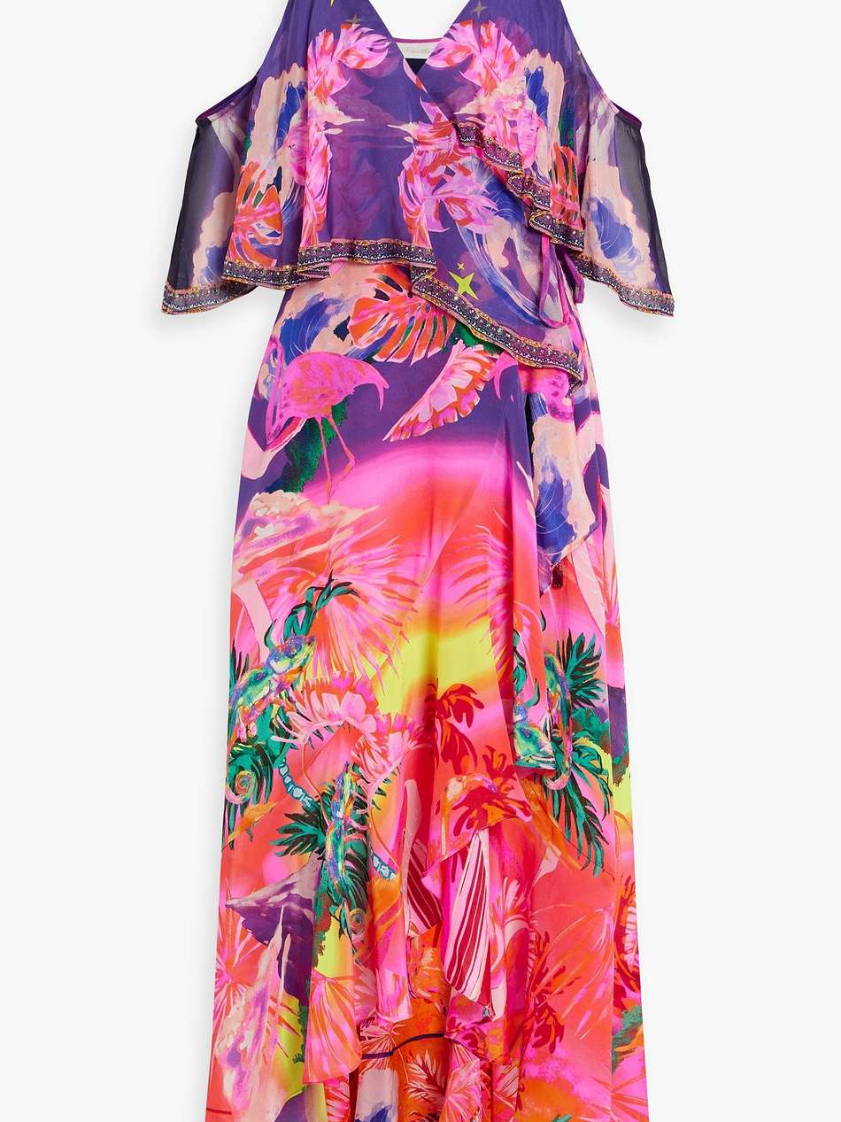 cold-shoulder crystal-embellished silk crepe de chine wrap dress