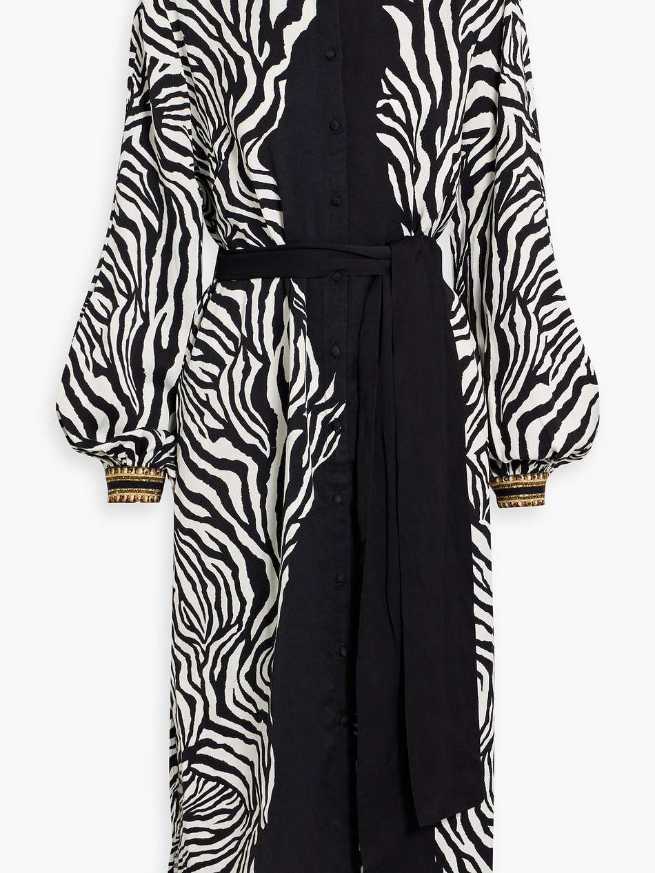 crystal-embellished zebra-print woven midi shirt dress