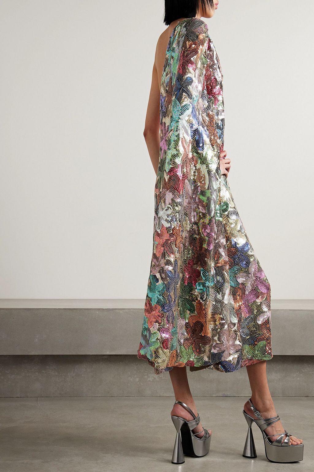 ASHISH Sari one-sleeve sequin-embellished georgette midi dress