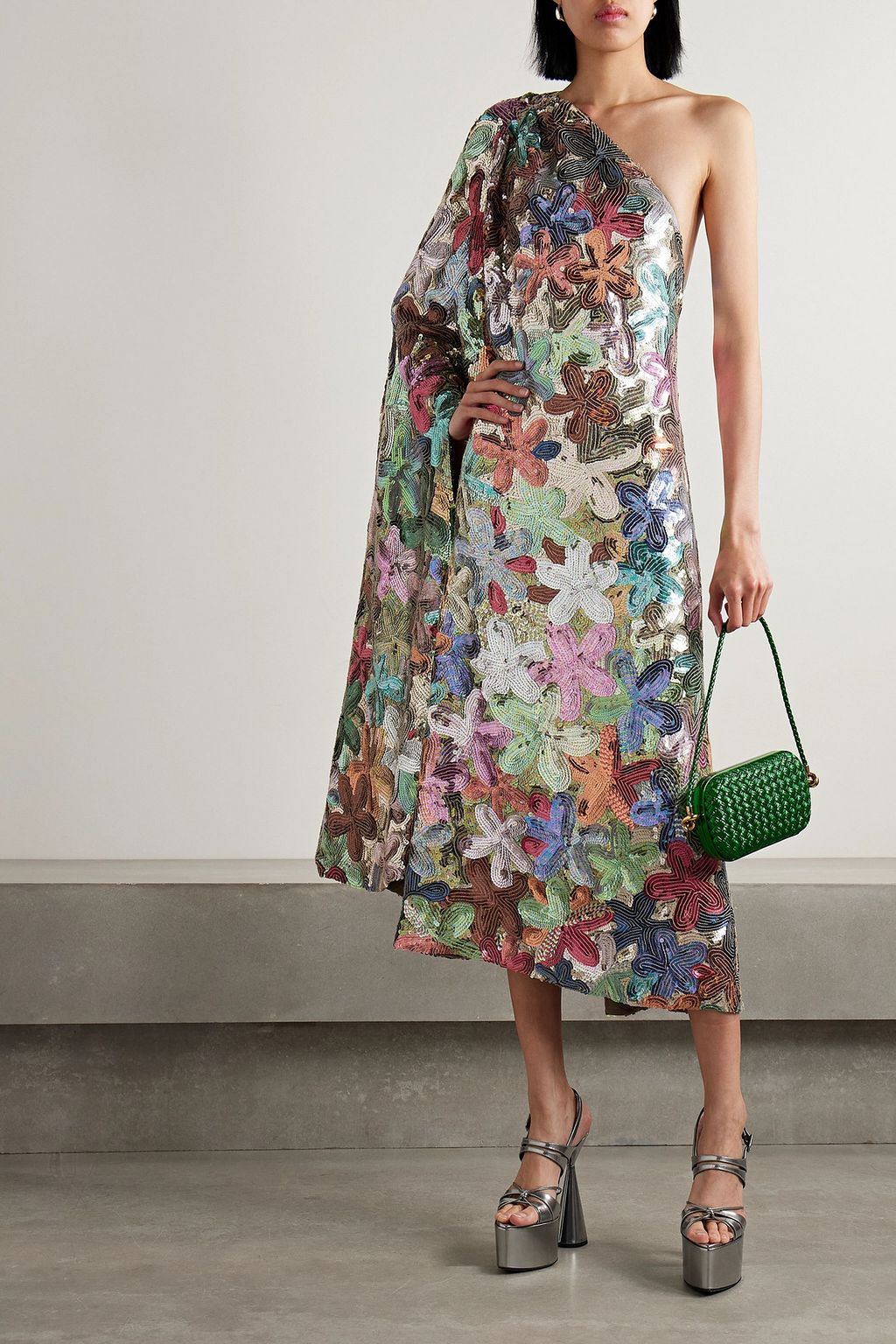 ASHISH Sari one-sleeve sequin-embellished georgette midi dress