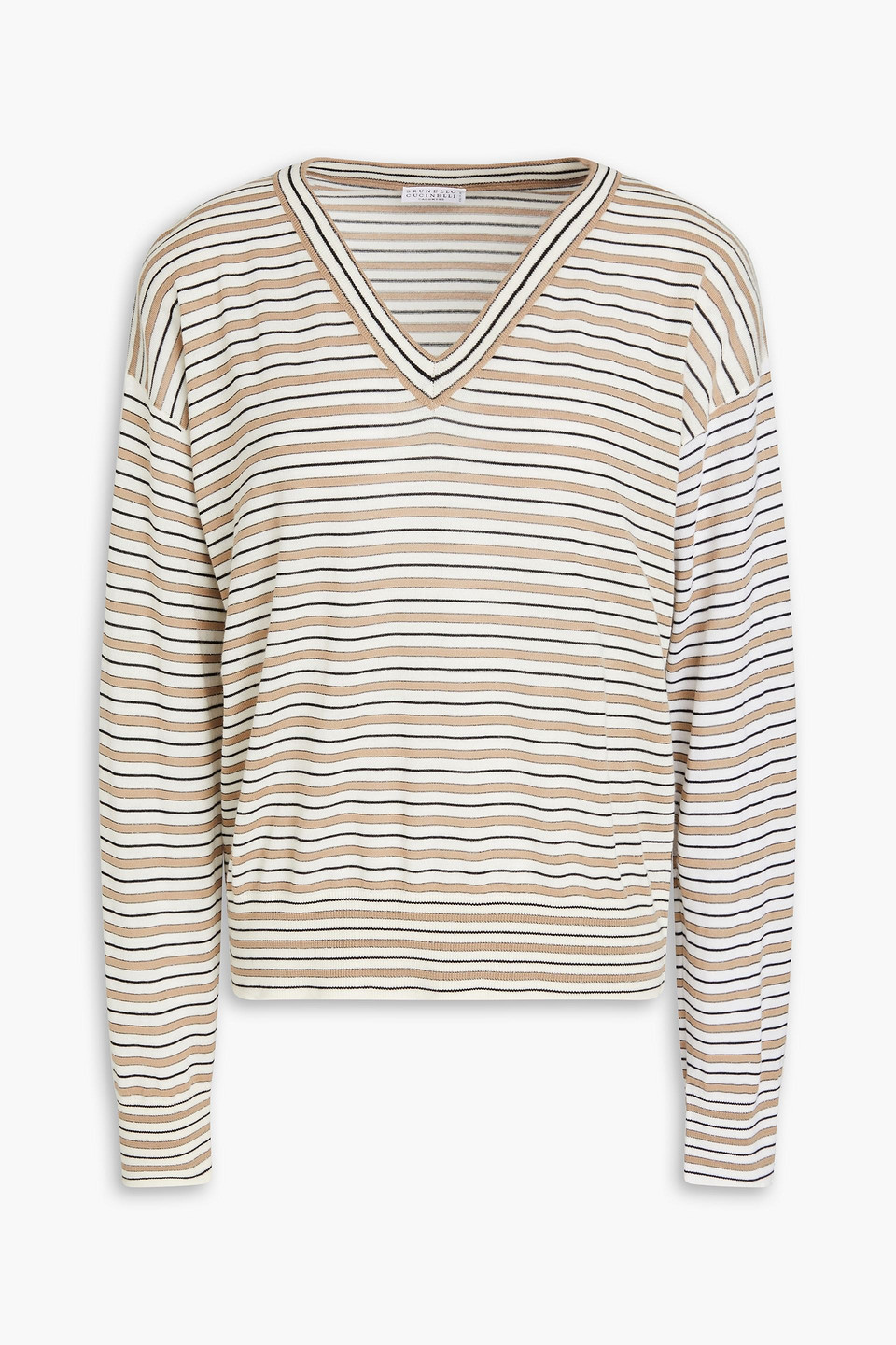 Brunello Cucinelli Bead-embellished Striped Wool And Cashmere-blend Sweater In Neutral