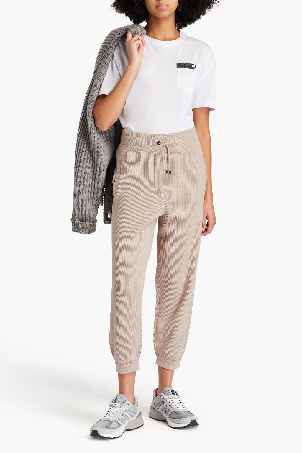 BRUNELLO CUCINELLI Cropped ribbed cotton track pants