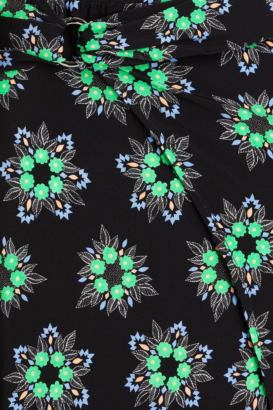 RABANNE WRAP-EFFECT RUCHED FLORAL-PRINT JERSEY MIDI SKIRT