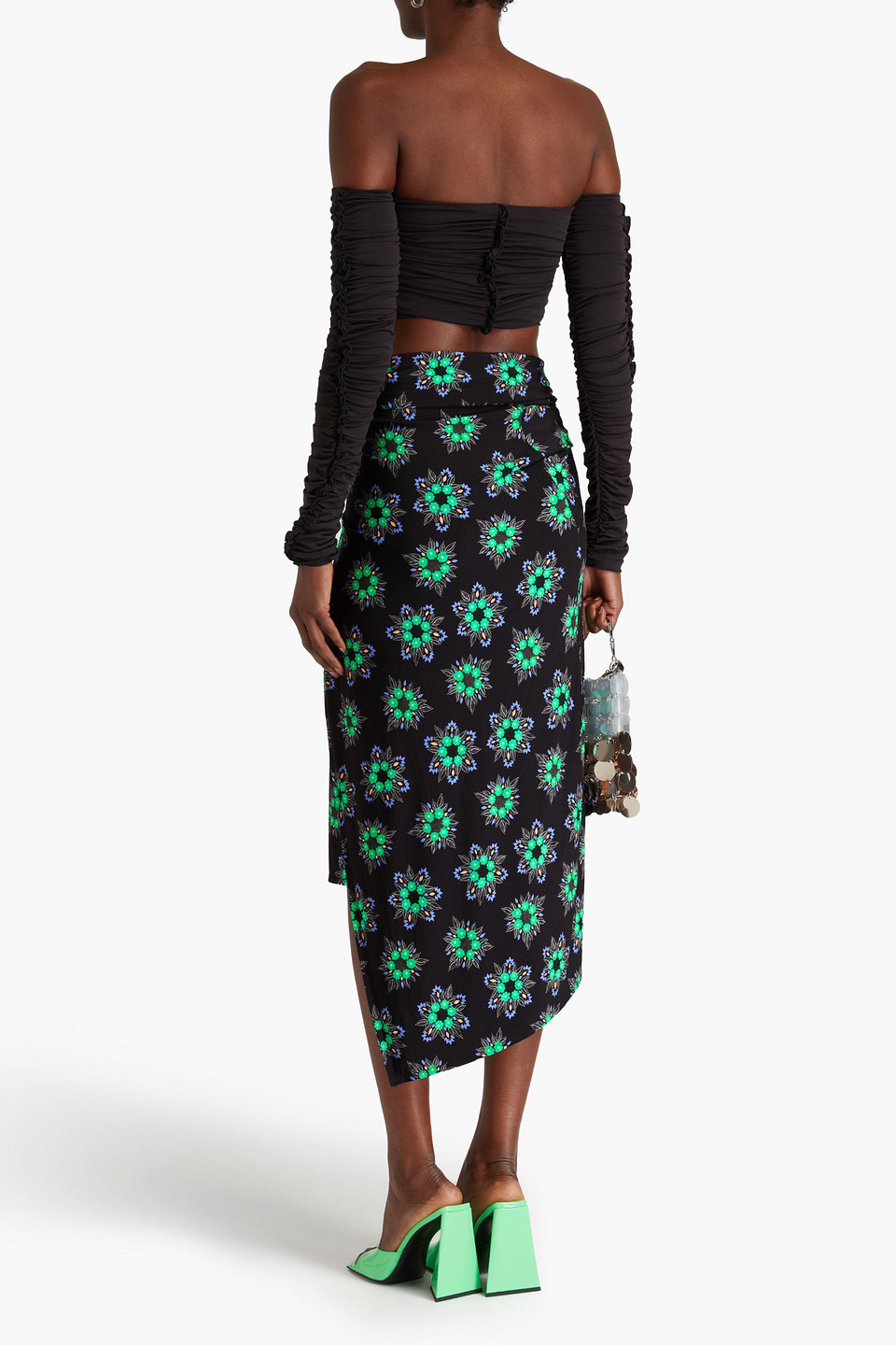 RABANNE WRAP-EFFECT RUCHED FLORAL-PRINT JERSEY MIDI SKIRT