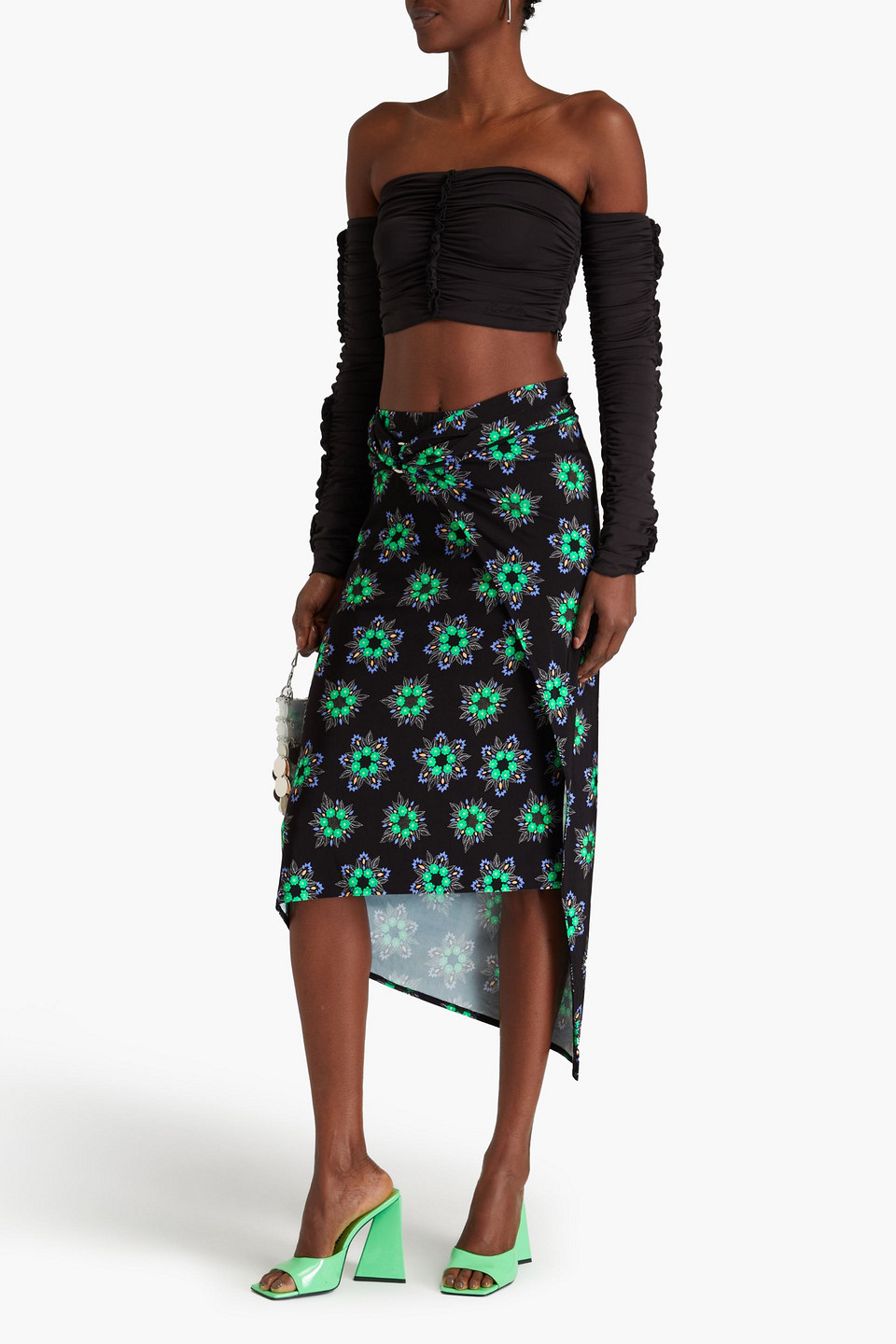 RABANNE WRAP-EFFECT RUCHED FLORAL-PRINT JERSEY MIDI SKIRT