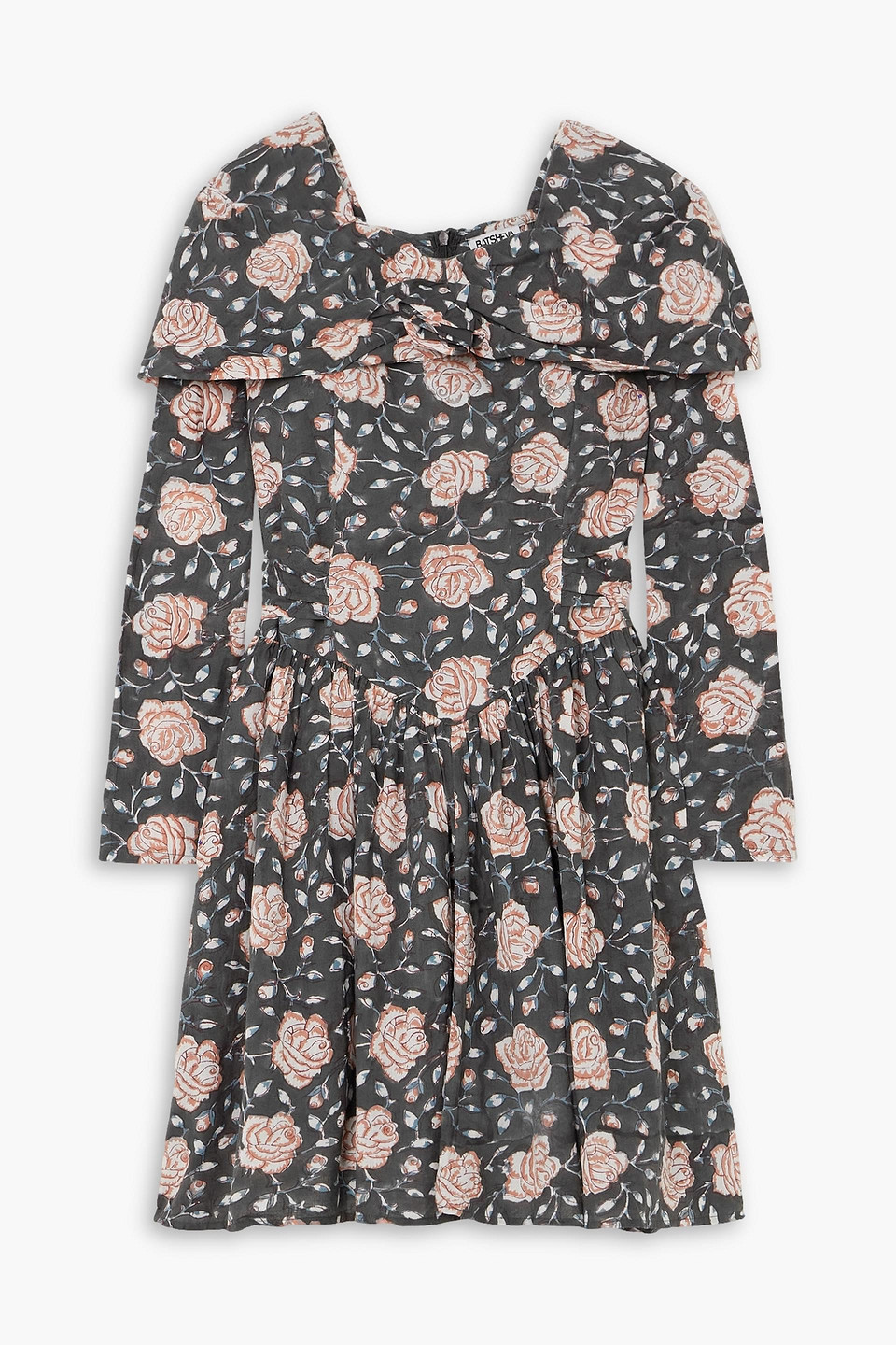 Batsheva Salt Appliquéd Floral-print Cotton-poplin Mini Dress In Charcoal
