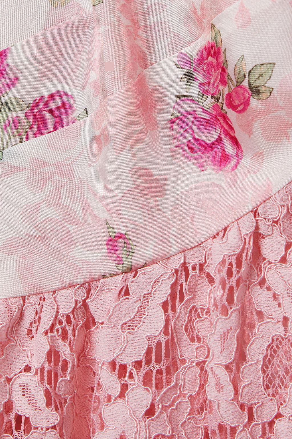 LOVESHACKFANCY Priema embroidered tulle, lace and crochet-trimmed floral-print silk-satin top