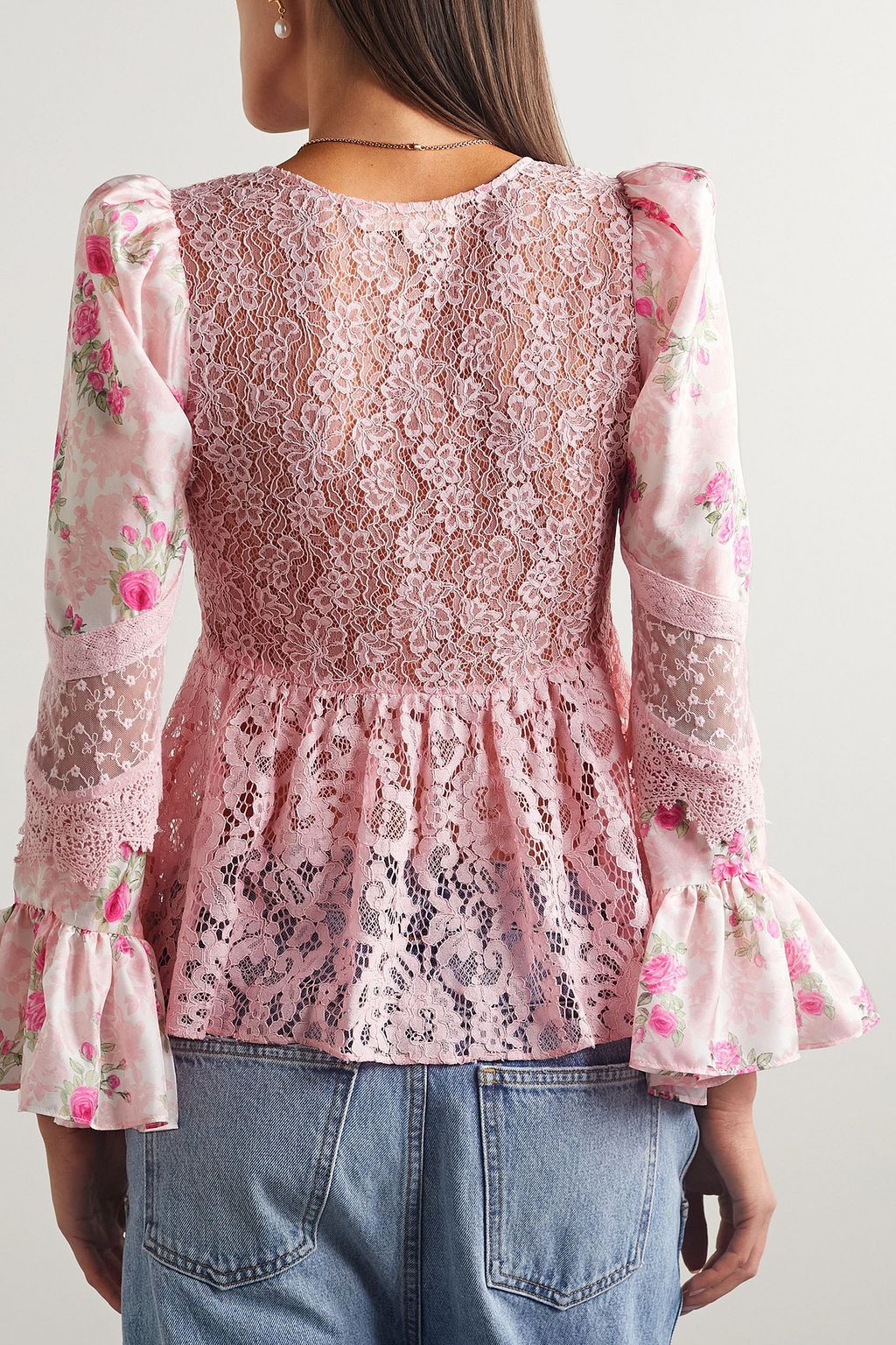 LOVESHACKFANCY Priema embroidered tulle, lace and crochet-trimmed floral-print silk-satin top