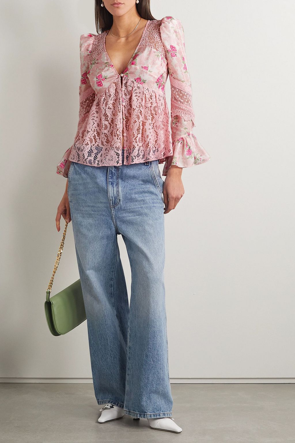 LOVESHACKFANCY Priema embroidered tulle, lace and crochet-trimmed floral-print silk-satin top