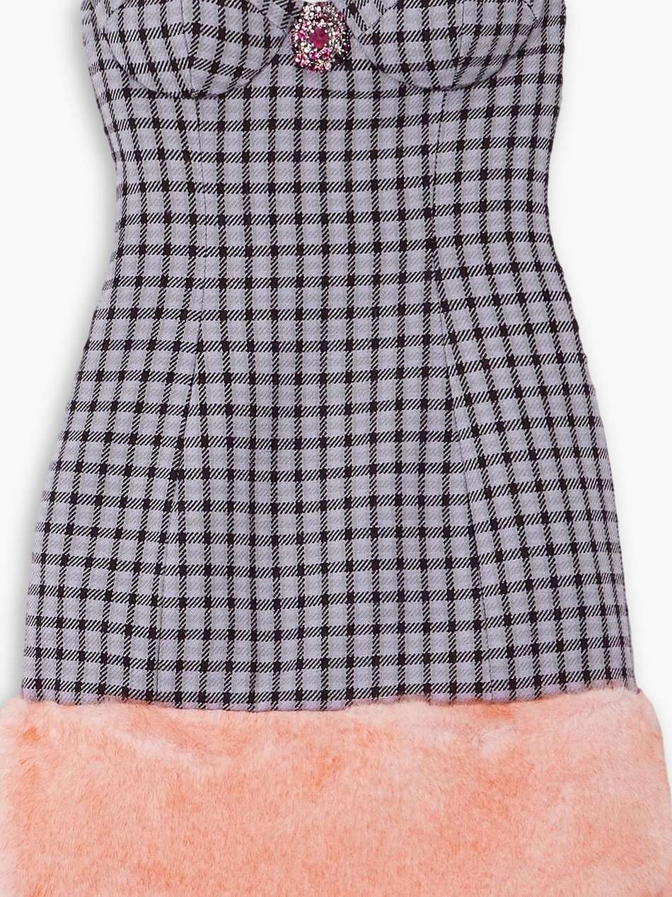 strapless embellished faux fur-trimmed houndstooth wool-blend mini dress