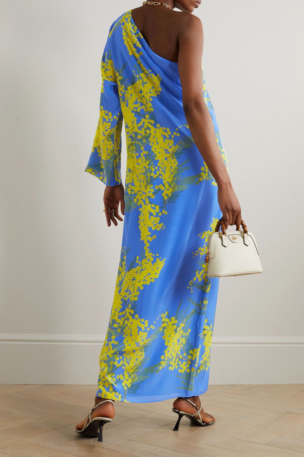 BERNADETTE Lola one-sleeve floral-print silk-satin maxi dress