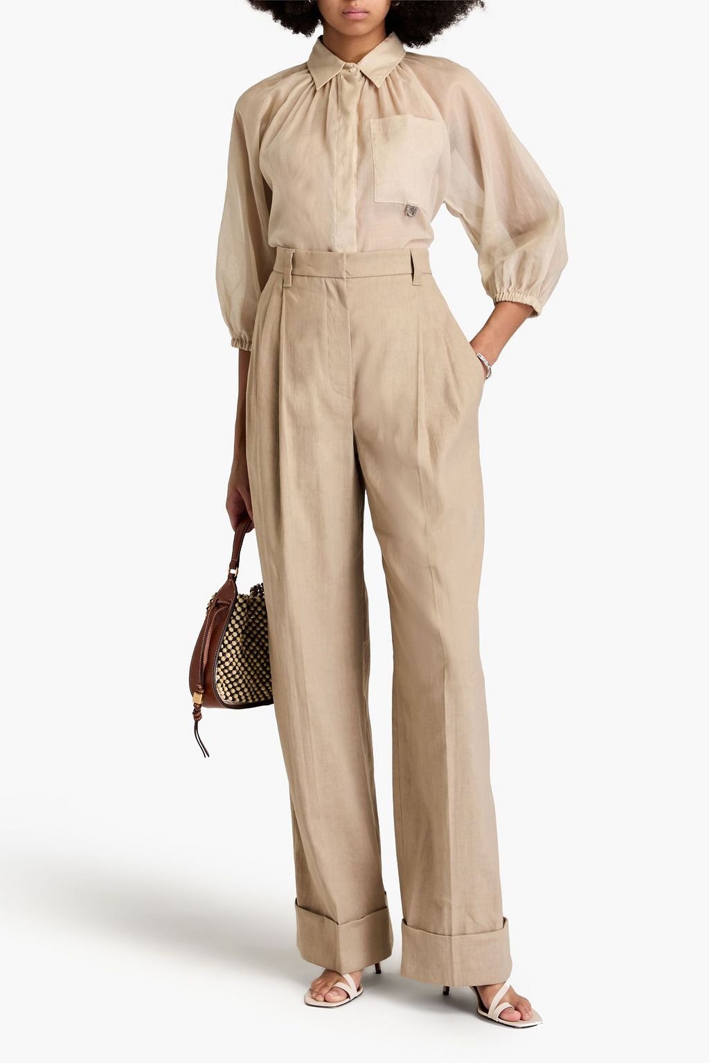 BRUNELLO CUCINELLI Bead-embellished linen-blend twill wide-leg pants