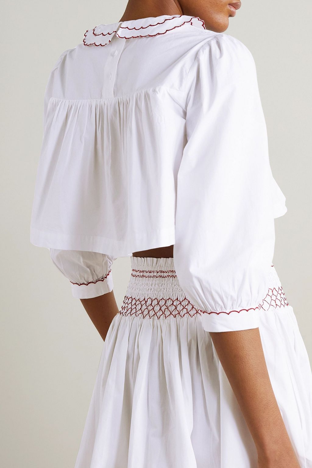 BATSHEVA Cropped smocked embroidered cotton-poplin blouse