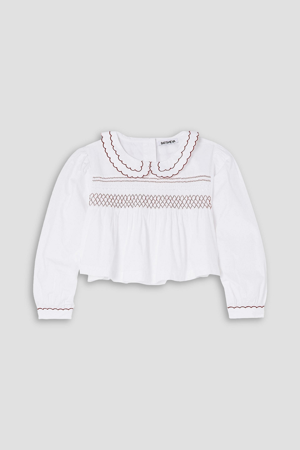Batsheva Cropped Smocked Embroidered Cotton-poplin Blouse In White