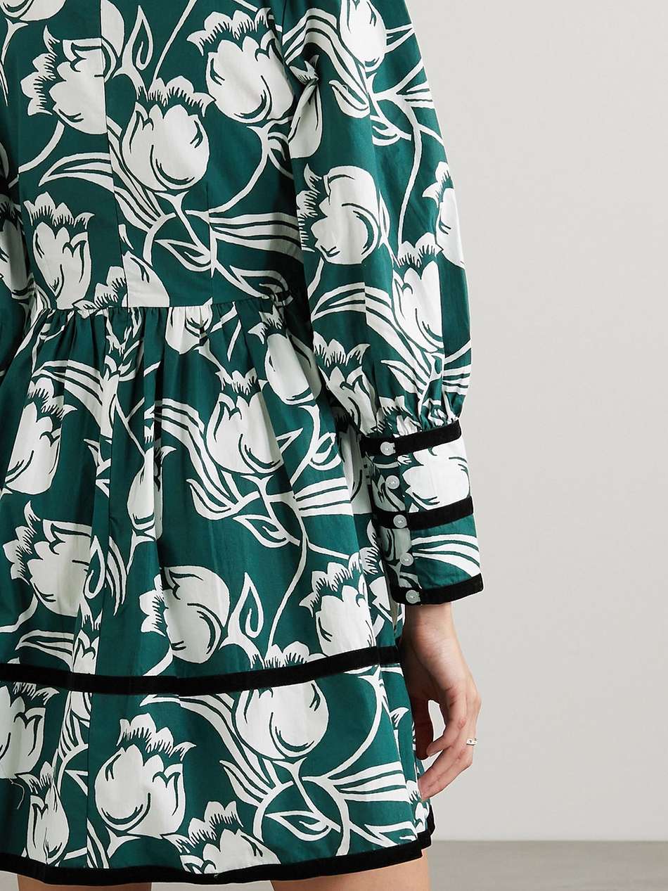 clemmie velvet-trimmed floral-print cotton-poplin mini dress