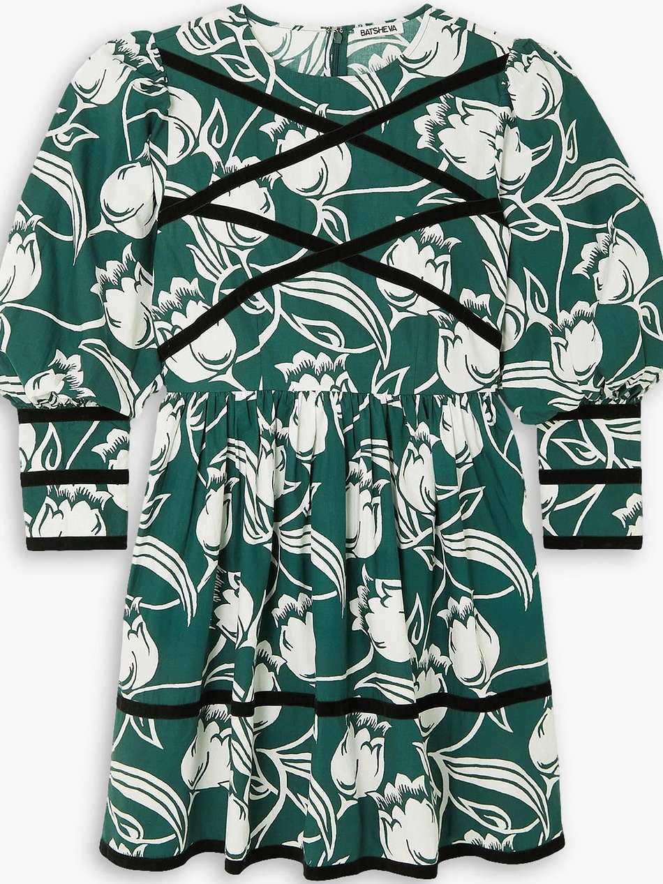 clemmie velvet-trimmed floral-print cotton-poplin mini dress