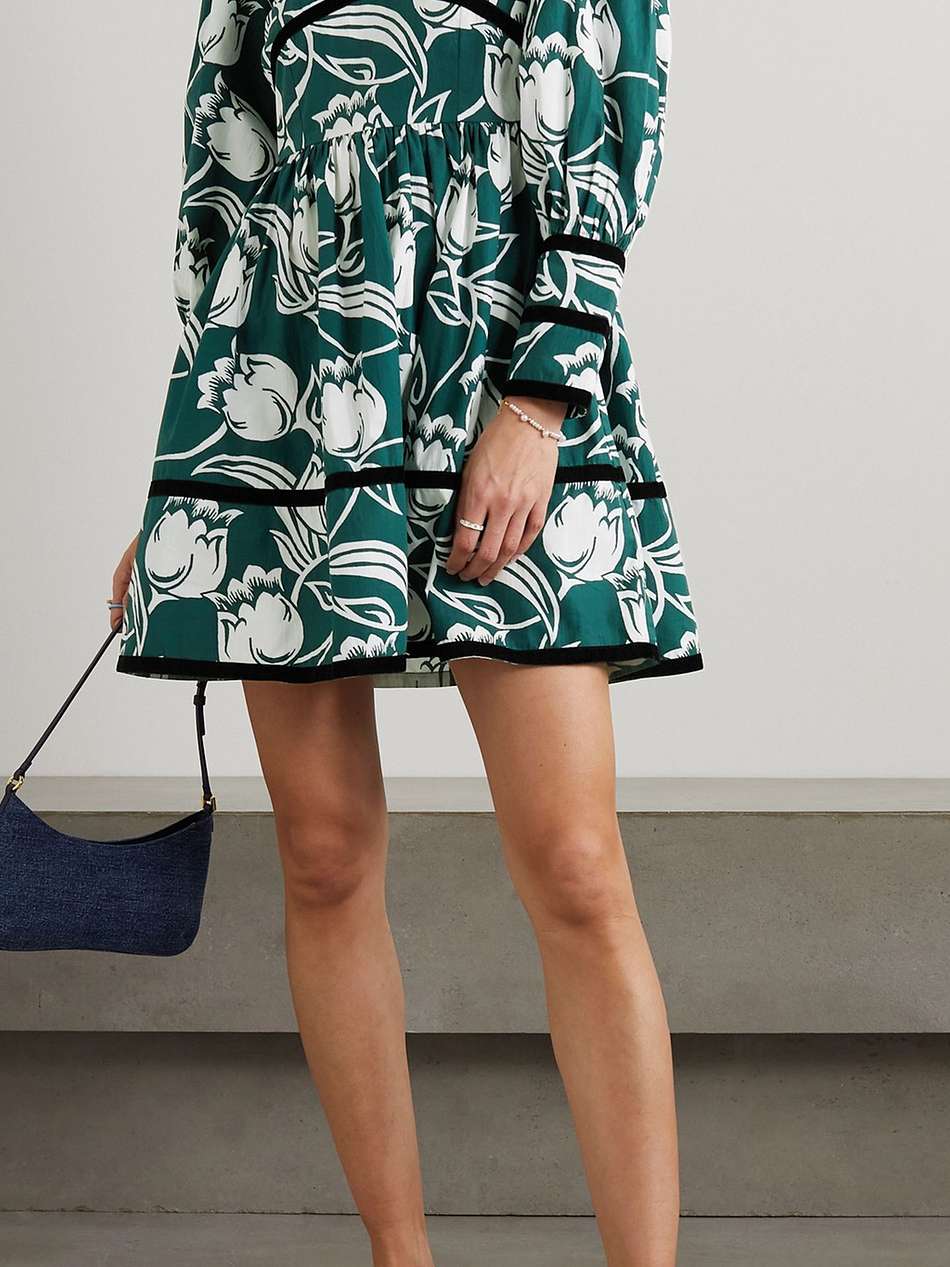 clemmie velvet-trimmed floral-print cotton-poplin mini dress