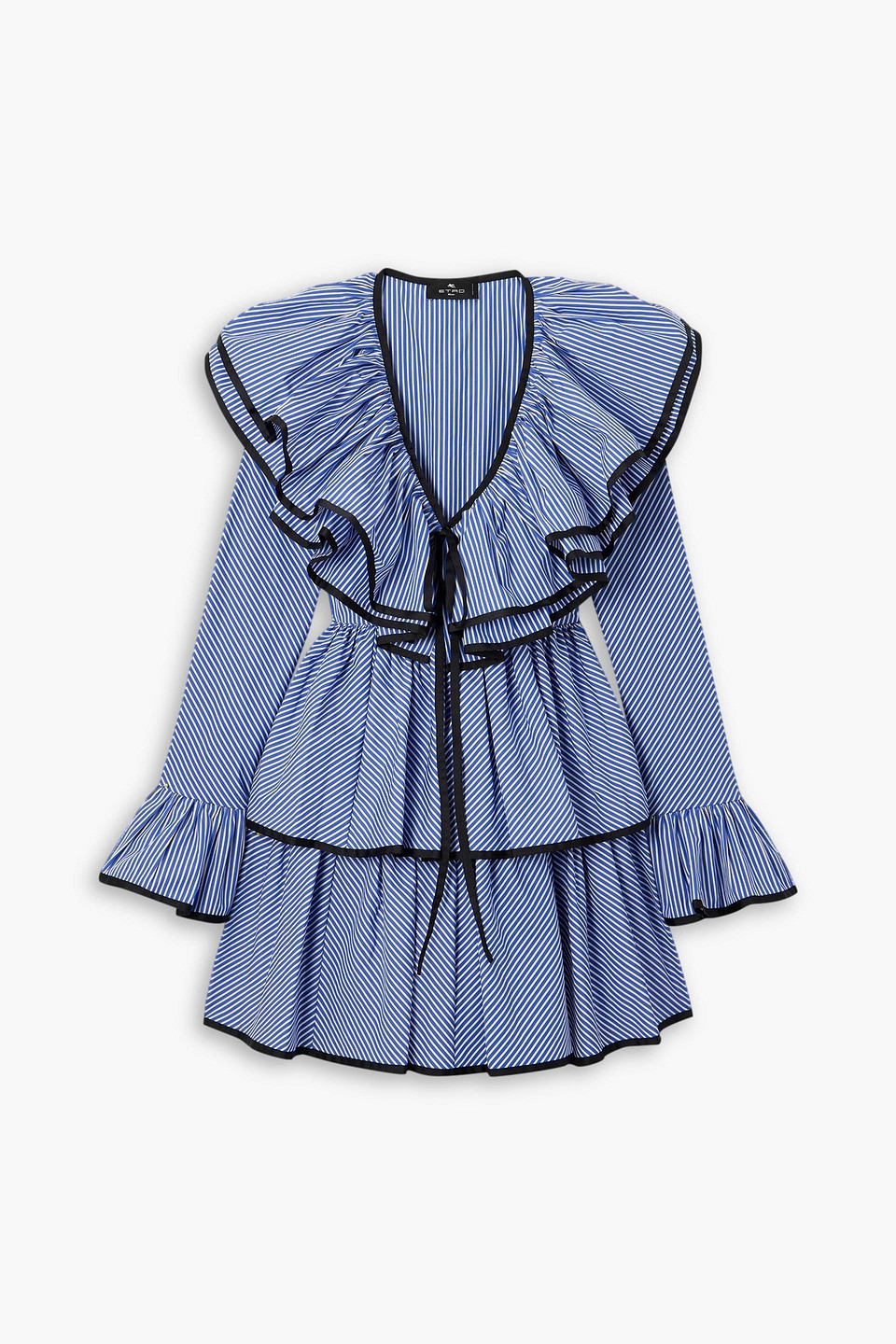 Etro Ruffled Gabardine-trimmed Striped Cotton-poplin Mini Dress In Blue