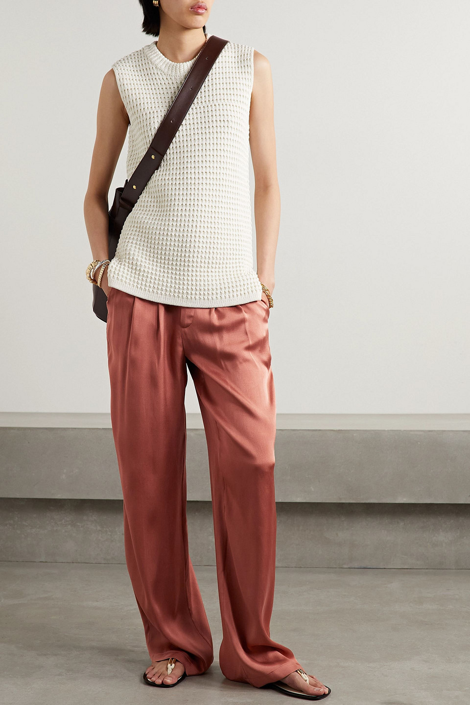 ANINE BING CARRIE SILK-SATIN STRAIGHT-LEG PANTS