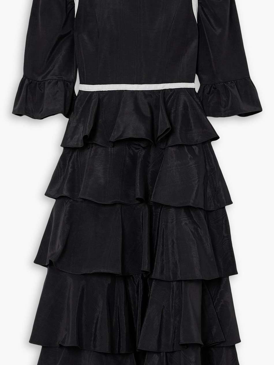 simone velvet-trimmed ruffled tiered moire midi dress