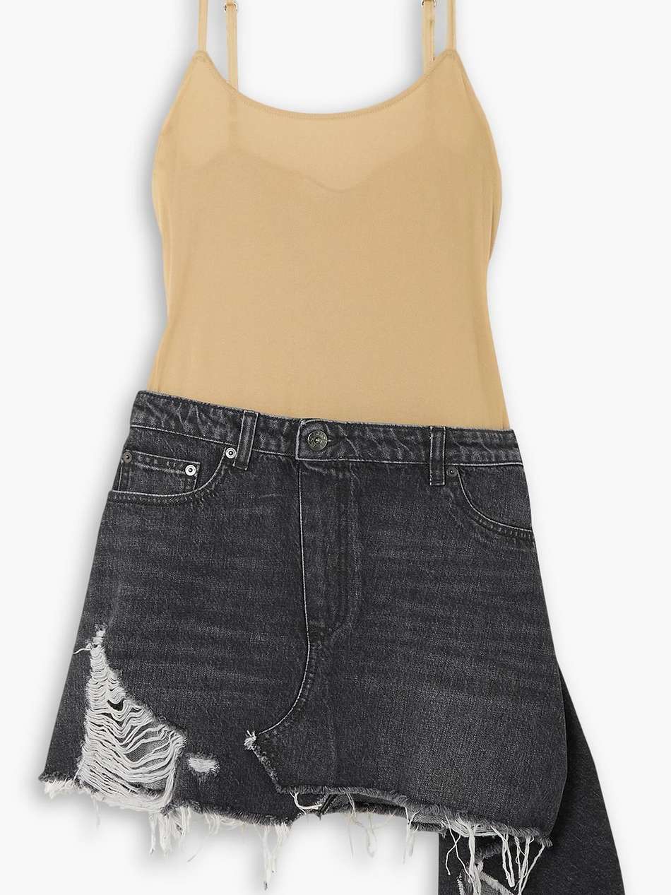 deconstructed asymmetric cotton-jersey and denim mini dress