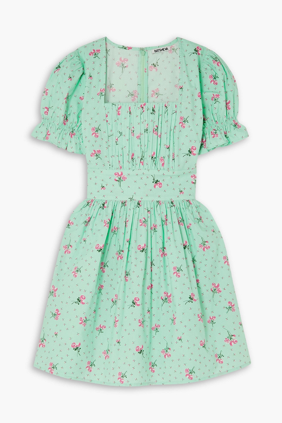 Batsheva Popham Pintucked Floral-print Cotton-poplin Mini Dress In Mint