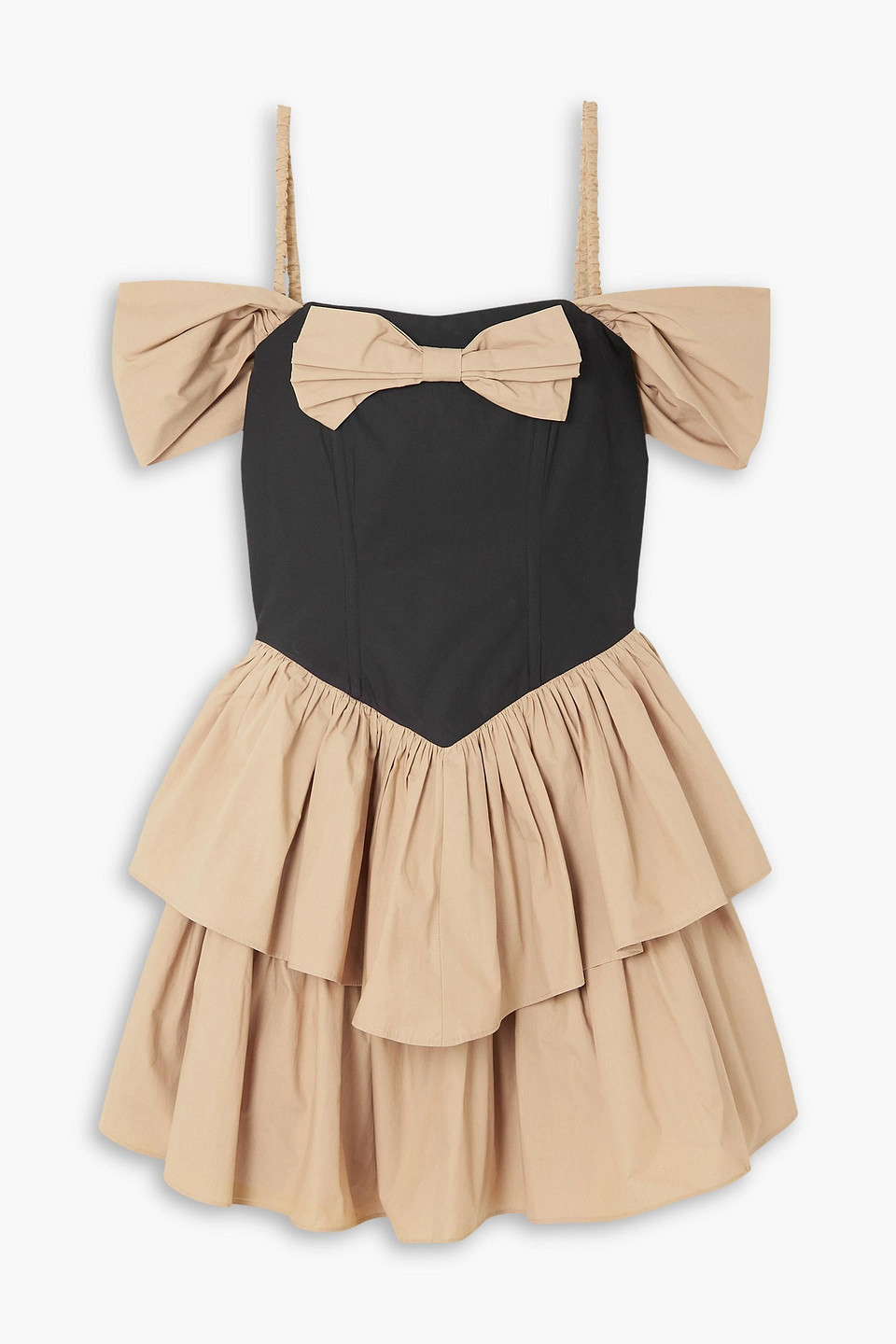 Batsheva Betty Cold-shoulder Tiered Cotton-poplin Mini Dress In Beige